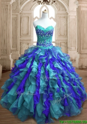 Affordable Teal and Blue Custom Make Quinceanera Dress with Appliques and Ruffles