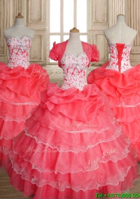 Sweet Beaded and Ruffled Layers Quinceanera Dress in Coral Red