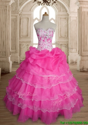 Inexpensive Hot Pink Organza Quinceanera Dress with Ruffled Layers and Beading