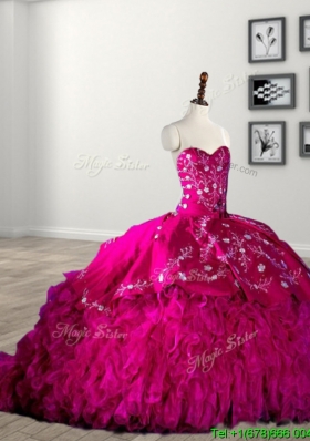 Classical Rhinestoned and Ruffled Fuchsia Quinceanera Dress with Brush Train