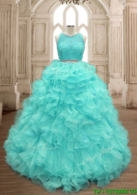 Sweet Two Piece Scoop Mint Quinceanera Dress with Beading and Ruffles