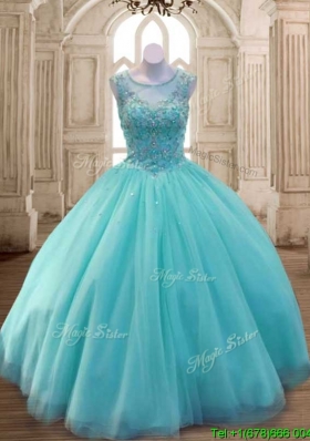 See Through Scoop Aqua Blue Quinceanera Dress with Beading for Spring