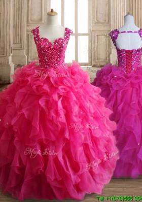 Exclusive Straps Hot Pink Quinceanera Dress with Beading and Ruffles