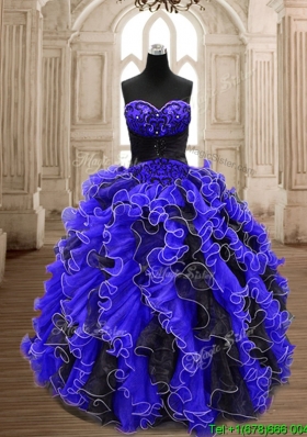 Best Beaded and Ruffled Quinceanera Dress in Black and Royal Blue