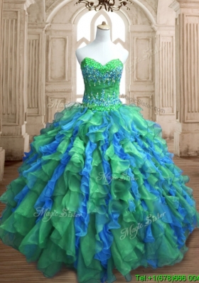 Most Popular Applique and Ruffled Quinceanera Dress in Green and Blue