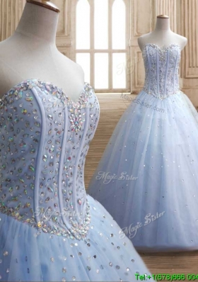 New Style Beaded Bodice Tulle Quinceanera Dress in Light Blue