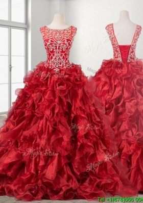 See Through Beaded Scoop Wine Red Quinceanera Dress with Brush Train