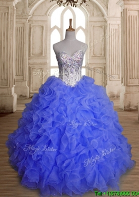 Perfect Blue Organza Quinceanera Dress with Beading and Ruffles