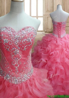 New Style Beaded and Ruffled Quinceanera Dress in Watermelon