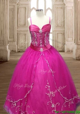 Exquisite Spaghetti Straps Beaded and Applique Quinceanera Dress in Hot Pink