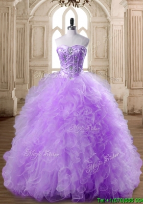 Elegant Beaded and Ruffled Lavender Quinceanera Dress in Tulle