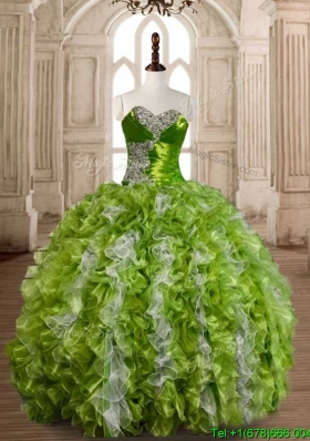 Lovely Olive Green and White Quinceanera Dress with Beading and Ruffles