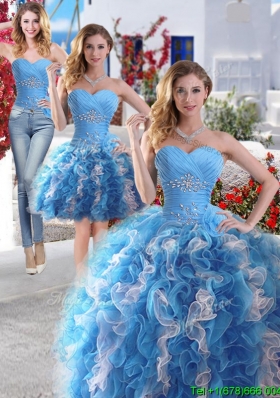 Gorgeous Beaded and Ruffled Detachable Quinceanera Dresses in Blue and White