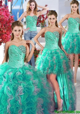 Cheap Turquoise and White Detachable Quinceanera Dresses with Beading and Ruffles