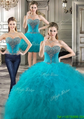 Perfect Beaded and Ruffled Detachable Quinceanera Dresses in Teal