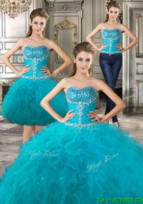 Discount Big Puffy Teal Detachable Quinceanera Dresses with Beading and Ruffles