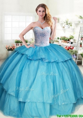 Sweet Beaded and Ruffled Layers Quinceanera Dress in Aqua Blue