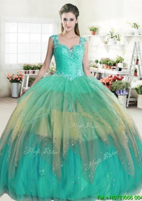 Popular Straps Rainbow Quinceanera Dress with Beading and Ruffled Layers