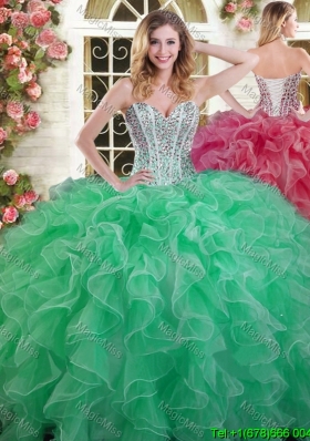 Visible Boning Beaded Bodice and Ruffled Quinceanera Dress in Green