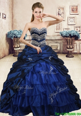 Luxurious Navy Blue Brush Train Quinceanera Dress with Beading and Pick Ups