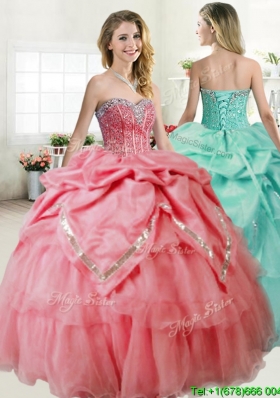 Gorgeous Beaded and Pick Ups Quinceanera Dress in Coral Red