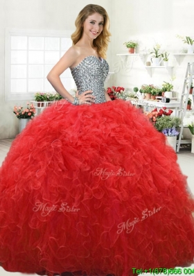 Simple Beaded Bodice and Ruffled Red Quinceanera Dress in Tulle