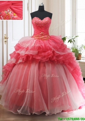 Brush Train Red and White Quinceanera Dress with Beading and Ruffled Layers