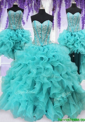 Three Piece Visible Boning Beaded and Ruffled Aquamarine Detachable Quinceanera Dress