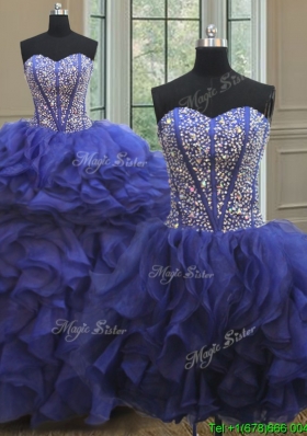 Visible Boning Royal Blue Detachable Quinceanera Gown with Beaded Bodice and Ruffles