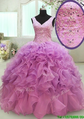 Gorgeous Big Puffy V Neck Beaded and Ruffled Quinceanera Dress in Organza