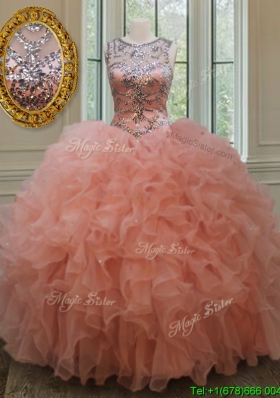 Beautiful Beaded and Ruffled Quinceanera Dress with See Through Scoop