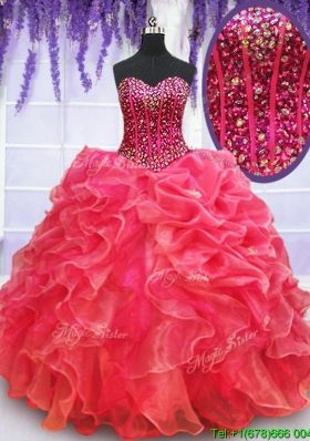 Affordable Visible Boning Beaded Bodice Coral Red Quinceanera Dress with Ruffles