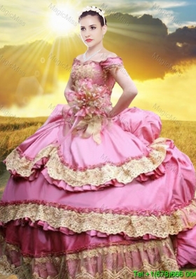 Pretty Applique and Laced Bubble Taffeta Quinceanera Dress in Rose Pink