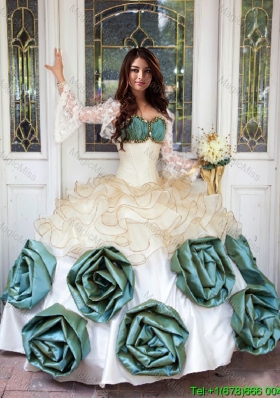 Perfect Beaded and Ruffled Sweetheart Quinceanera Dress with Hand Made Flowers