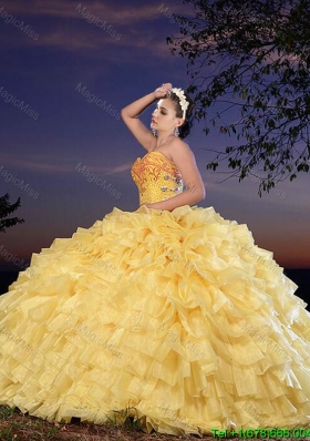 Cowgirl Best Selling Organza Yellow Sweet 16 Dress with Beading and Ruffled Layers