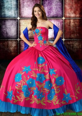 Unique Big Puffy Embroideried Strapless Blue and Red Quinceanera Dress in Taffeta