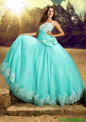 New Style Really Puffy Strapless Bowknot and Laced Quinceanera Dress in Turquoise