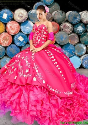 Western Style New Style Brush Train Hot Pink Quinceanera Dress with Beading and Ruffles