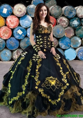 Wild West Cheap Embroideried and Ruffled Black Quinceanera Gown in Organza and Taffeta