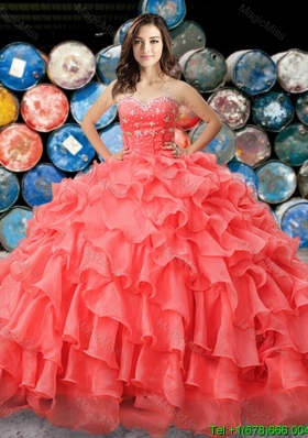 Western Theme Hot Sale Beaded and Ruffled Coral Red Quinceanera Dress in Organza for 2017