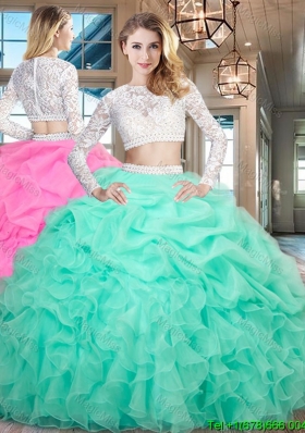 Elegant Two Piece Ruffled and Bubble Mint Quinceanera Dress with Long Sleeves