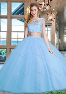 Exclusive See Through Scoop Light Blue Quinceanera Dress in Tulle