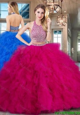 Perfect Ruffled and Beaded Fuchsia Quinceanera Dress with Brush Train