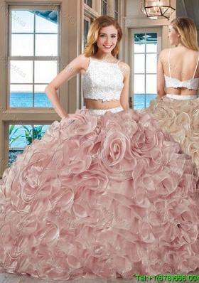 Fashionable Puffy Skirt Straps Beaded and Ruffled Two Piece Backless White and Pink Quinceanera Dresses