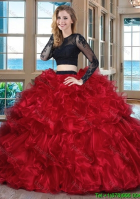 Two Piece Ball Gown Organza Ruffled Backless Red and Black Quinceanera Dresses with Long Sleeves