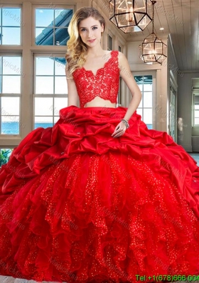 Top Seller Two Piece Ruffled Bubble Brush Train Quinceanera Dress in Red