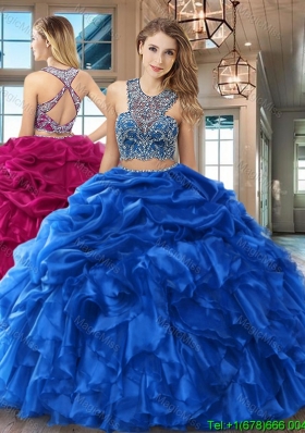 Latest Two Piece Ruffled and Bubble Organza Royal Blue Quinceanera Dress