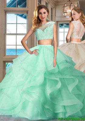 Fashionable Two Piece See Through Apple Green Quinceanera Dress with Brush Train