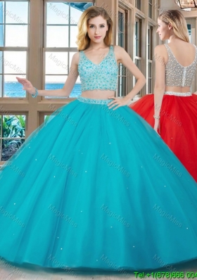 Two Piece Puffy V Neck Tulle Beaded Teal Quinceanera Dresses with Zippper Up