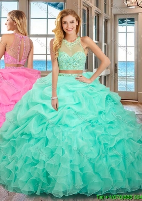 Pretty High Neck Two Piece Open Back Mint Quinceanera Dresses with Beading and Bubbles